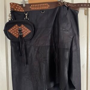 Brand New Black and Brown Leather Utility Skirt with Studded Belt